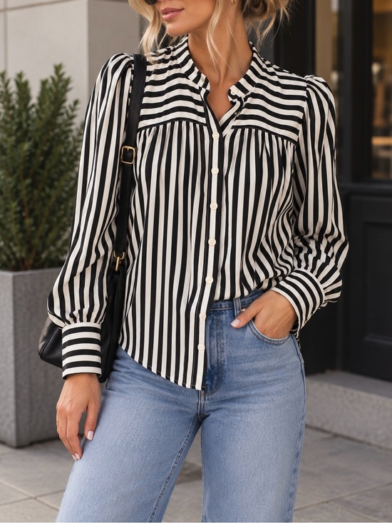 LOFT Tops - LOFT Black & White Striped Long Sleeve Button-Down Blouse (Size XS)